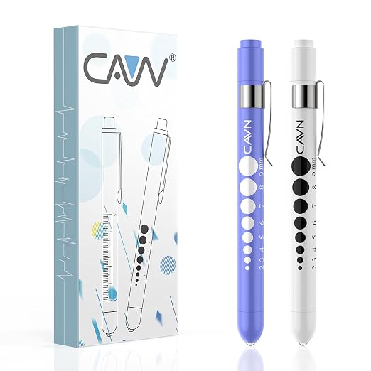 CAVN Pen Light with Pupil Gauge LED Penlight for Nurses Doctors | 2 Pcs Reusable Medical Penlight for Nursing Students (White/Bluish Purple)