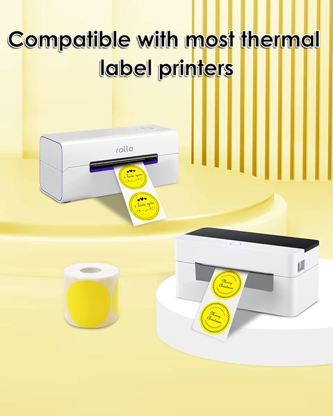 2 Inch (50.8mm x 50.8mm) Round Thermal Circle Sticker Labels, Self-Adhesive Multi-Purpose Roll Labels for DIY Logo Design, QR Code, Name Tag, Roll of 500, Yellow