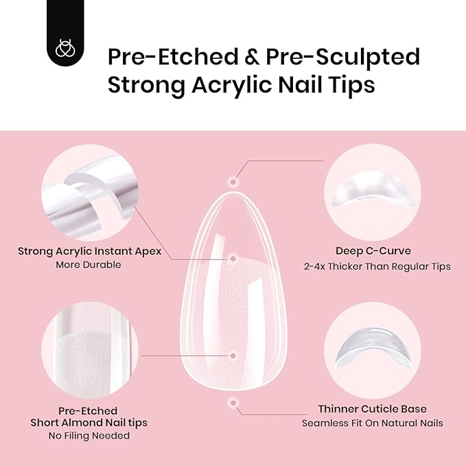 Beetles Tipex Instant Apex Nail Tips, Almond Short, 16 Sizes (00–14), 192pcs, Built-In Apex, No Builder Gel Required, Thicker Strong Acrylic Tips for DIY Nail Extensions