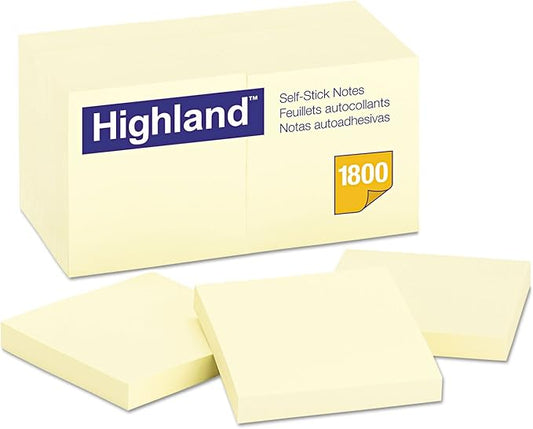 Highland Sticky Notes,3 x 3 Inches,Yellow,(6549-18),18 Count (Pack of 12)