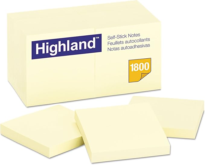Highland Sticky Notes, 3 x 3 Inches, Yellow, 18 Pack (6549-18)