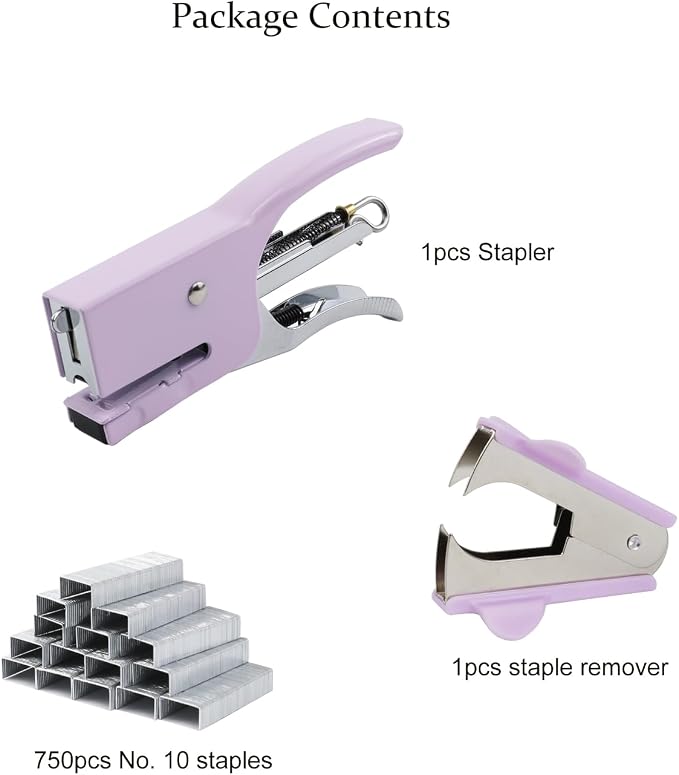 Small Hand-held Stapler Set, 15 Sheet Capacity, Includes 750Pcs Staples and A Staple Remover, Mini Desktop Stapler for Office, School, Home or Travel Use. (Purple)