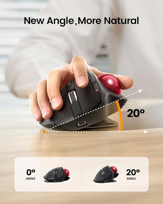 ProtoArc EM01 NL Wireless Trackball Mouse, Rechargeable Thumb Control, Red | 0/20° Adjustable Angle to Reduce Fatigue, Triple-Device Bluetooth & 2.4G USB-A for Office Use, Silent Click, Easy to Clean