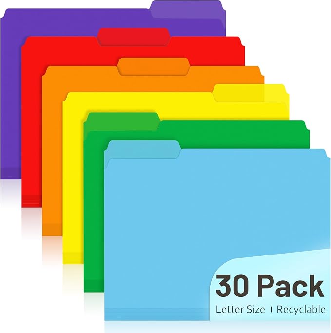 Comix Plastic File Folders, 6 Assorted Colors, Letter Size 8.5x11, 30 Pack | 1/3-Cut Tabs, Poly Folders, For Documents, Office, Home, School Organization