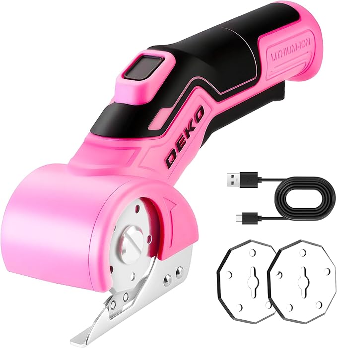 Cordless Electric Scissors Cardboard Cutter: DEKOPRO 4V 2000mAh Electric Box Cutter, Rechargeable Power Rotary Cutter with Safety Lock, 389g Carpet Cutter with 2 Blade, Type-C Charging(Pink)
