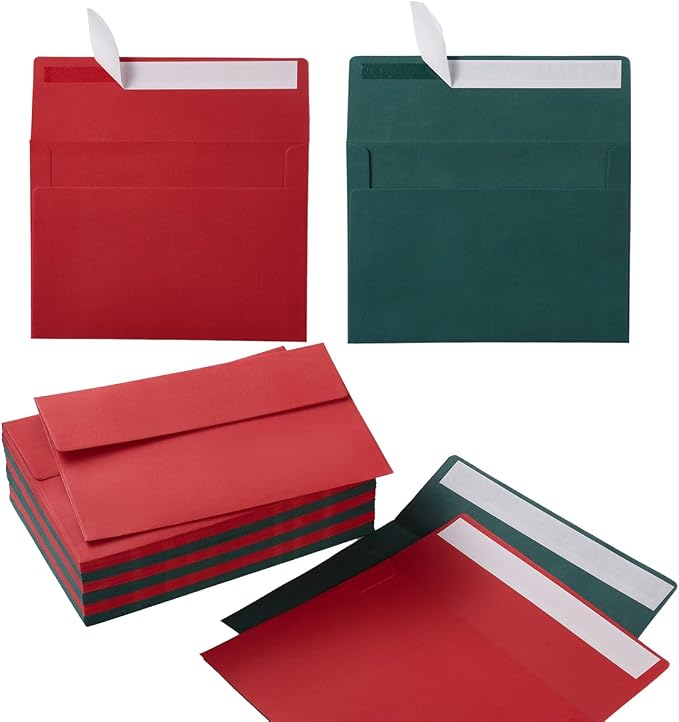 100 Pack Christmas A7 Envelopes Self-Adhesive, 5.24 x 7.21 Inches | Green Red 5x7 Envelopes For Christmas Invitations, Greeting Cards