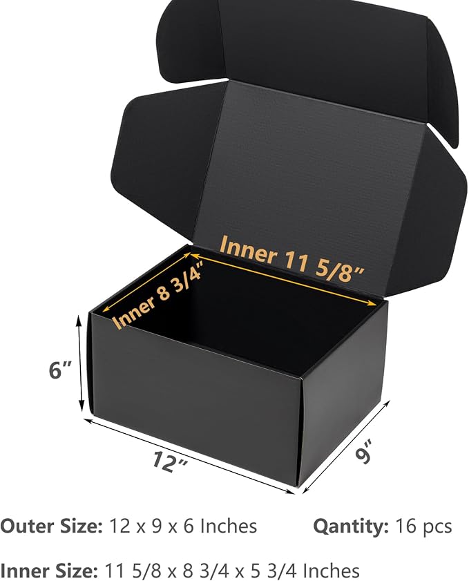 Timirog Black Shipping Boxes 12x9x6 Inches 16 Pack Corrugated Cardboard | Mailing Box for Small Business, Tab Locking Literature Mailer Packaging Supplies for Packing Shoes Clothes Gifts