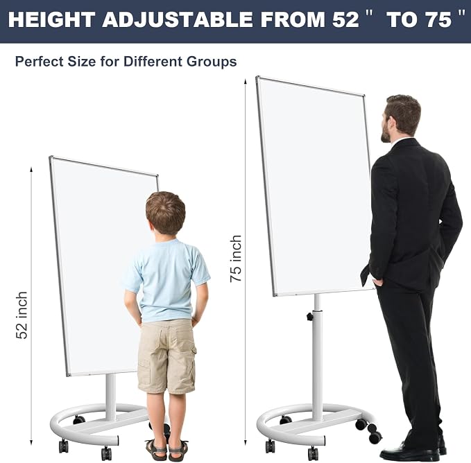 Mobile Whiteboard 40x26 Inches White Board Dry Erase Board on Wheels | Height Adjustable, Magnetic Surface, Dry Erase, With Stand, Ideal for Classroom, Office, School, Home, Homeschooling, Teacher