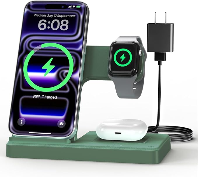 GETPALS Wireless Charger iPhone Charging Station for Apple Multiple Devices | 3 in 1 Charger Stand for iPhone 17 Pro Max 17e 16 16e 15 14 13 12 & Watch Series 11-2 SE Ultra & Airpods 4 3 Pro, Dark Green