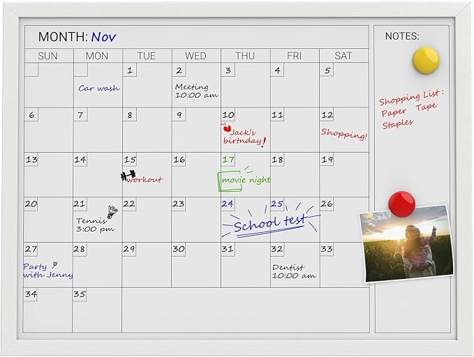 Comix Magnetic Monthly Calendar Whiteboard, 24 x 18 Inches White Wooden | Modern white wood frame magnetic monthly calendar whiteboard, decorative wall planner for home, kitchen, school and office