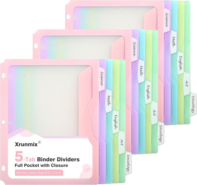 15 Counts Dividers with One Full Pocket, 5-Tab Binder Dividers for 3 Ring Binder, Recipe Binder Dividers for US Letter Size 8.5 x 11', Index Dividers for Back to School, Pastel Color (3)