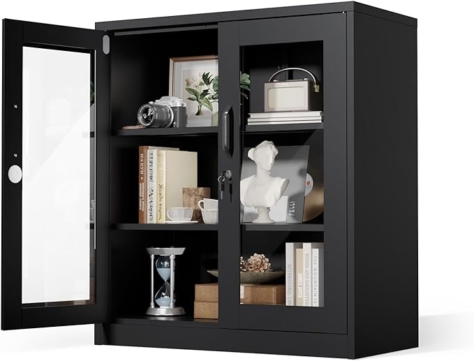 VINGLI Lockable Display Cabinet with Glass Door & 3ble Shelves, 35.5" H Metal Storage Cabinet Curio Liquor, Bookshelf Bookcase for Home Office Living Room Pantry Garage (Black)