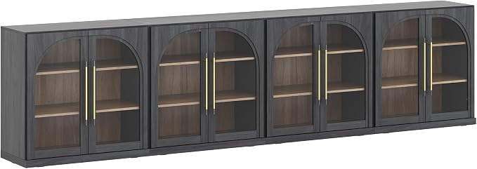 BELLEZE 3 Tier Bookshelf with Arched Glass Door, Set of 4 Modern Display Bookcase Shelf with Storage and Adjustable Shelves, 130'' Wood Bookshelves for Living Room Office Entryway (Ebony)