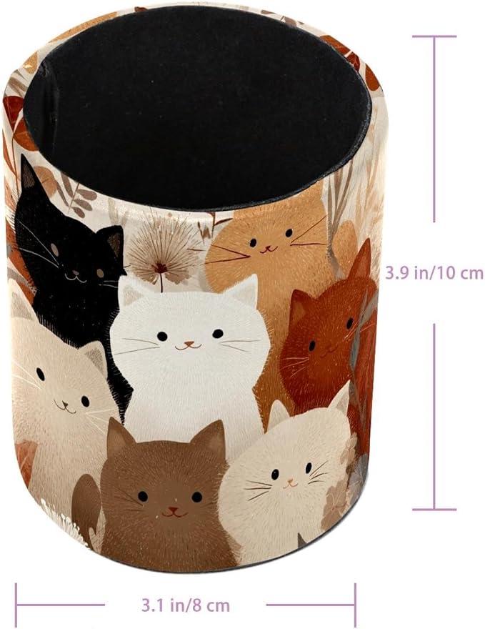 Leather Pen Holder for Desk, Colored Cats Pattern Pencil Cup Pen Organizer Makeup Brush Holder for Office Home Kids Countertop Desk Accessory Storage