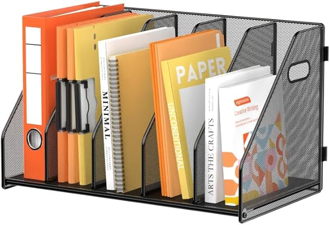 Binder Organizer, Magazine File Holder with 5 Vertical Rack, Black | Metal Desk File Organizer & Binder Holders, Magazine Book Organizers for Office Desktop, Home, School, Classroom