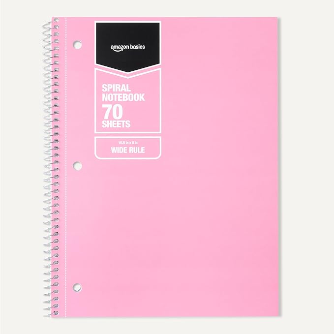 Amazon Basics Wide Ruled Spiral Notebook, For Work and School, 70 Sheets, 8" x 10.5", 3 pack, Assorted Pastel Solid Colors