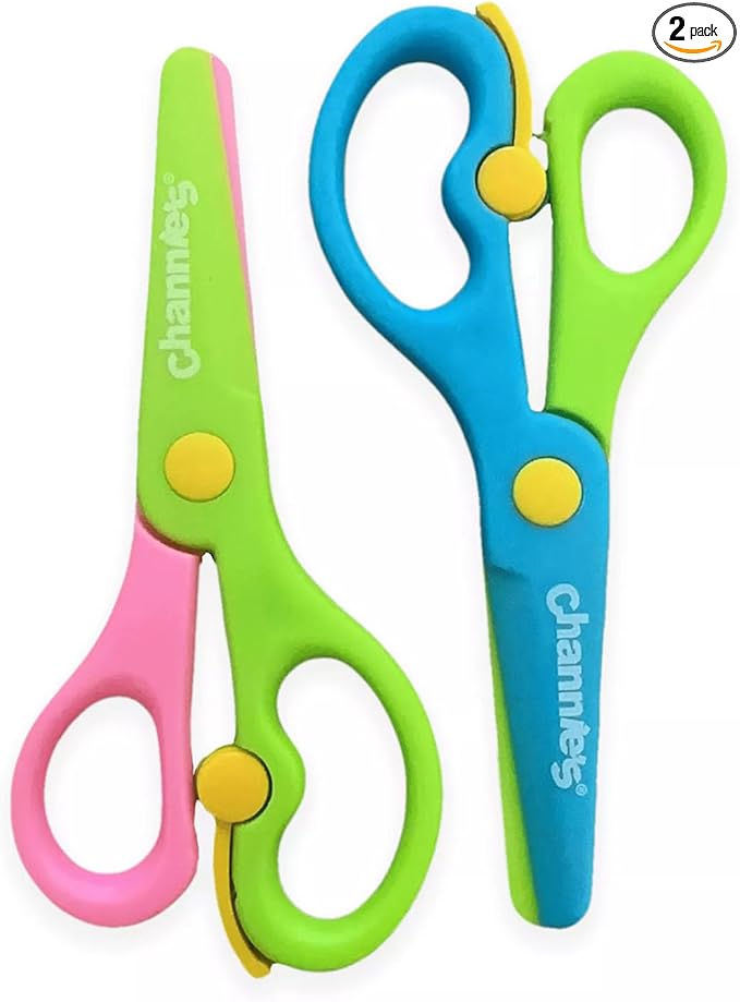 Channie's Safety Scissors for Small Hands (Ages 3-5) - Kid-Safe Plastic Training Scissors for Preschoolers, Child Hand-Eye Coordination Development, Kids Scissors, Toddler Safety Scissors (2 pack)