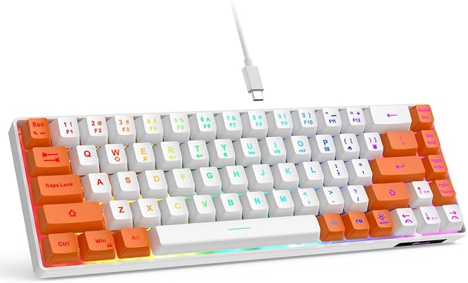 GEODMAER 65% Gaming Keyboard, LED Backlit Mini Wired Keyboard, Ultra-Compact Anti-Ghosting No-Conflict 68 Keys Membrane Gaming Wired Keyboard for PC Laptop Windows Gamer(White-Orange)