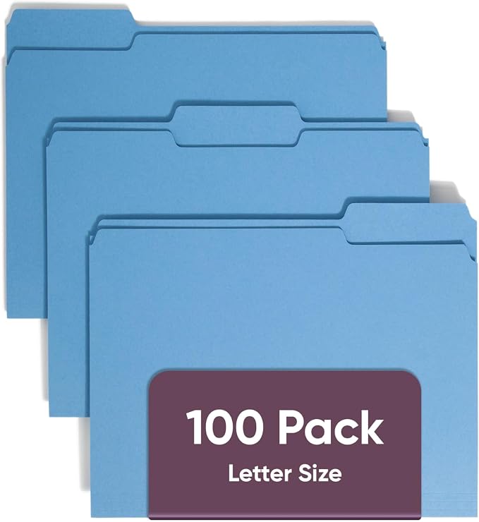 Smead Blue File Folders for Documents, with 1/3-Cut Tabs, Letter Size, Blue, 100 Pack for Easy Organization and Office Use (12043)