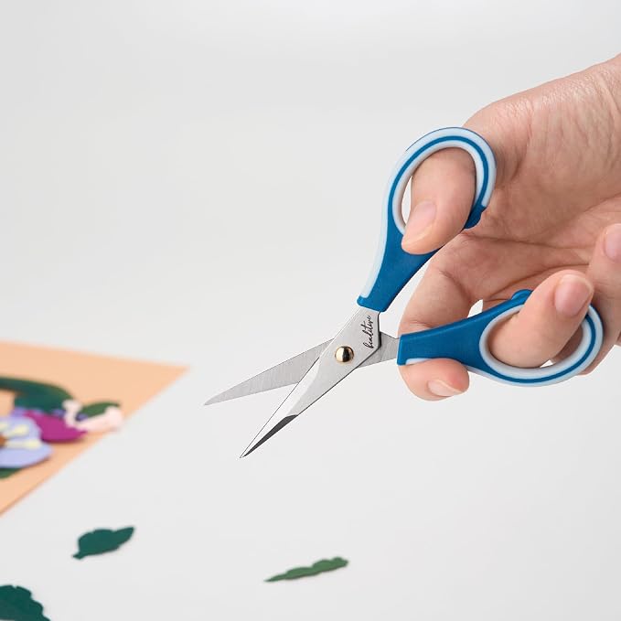 Precision Craft Scissors - Ultra Sharp Stainless Steel Blades & Non-Slip TPR Handles - Adult & Kid Scrapbooking Scissors With Safety Cap For Home, Office, School (Blue)