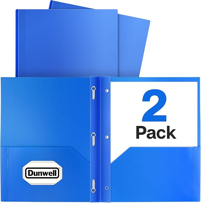 Dunwell Plastic 2-Pocket Folders with 3 Prongs, Blue, 2 Pack, Poly | Durable Acid-Free Poly with Fasteners, Long-Term School & Office Use, Labels Included