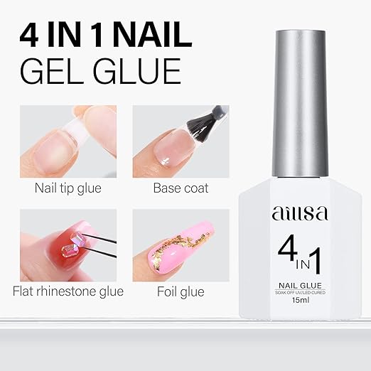 AILLSA 4 in 1 Nail Glue Gel for Acrylic Nail Tips, 15ML UV Nail Glue Long Lasting Brush On Nail Glues for Clear Fake Nail Tips and Rhinestone Pearl Foil, Lamp Curing Needed