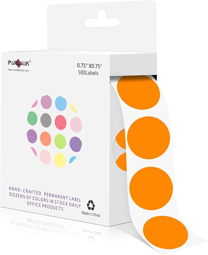 PARLAIM 3/4 Inch Color Coding Label Stickers,500PCS Circle Inventory Sticky Dots Sticker in Dispenser Box,OrangeAdhesive Round Dot Labels for Office Home(Orange)
