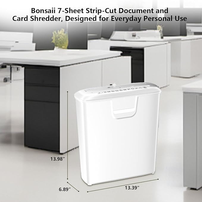 Bonsaii High-Performance 7-Sheet Strip-Cut Shredder, Low Noise, CD & Credit Card Compatible, with 3.4-Gallon Bin and Thermal Protection, White
