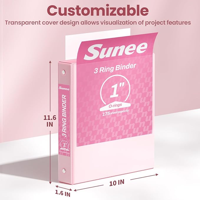 SUNEE 3 Ring Binder 1 Inch Pink 1 Pack, Holds 175 Sheets of Letter Paper, Clear View 1" Three Ring PVC-Free (Fit 8.5x11 Inches) for School or Office Supplies