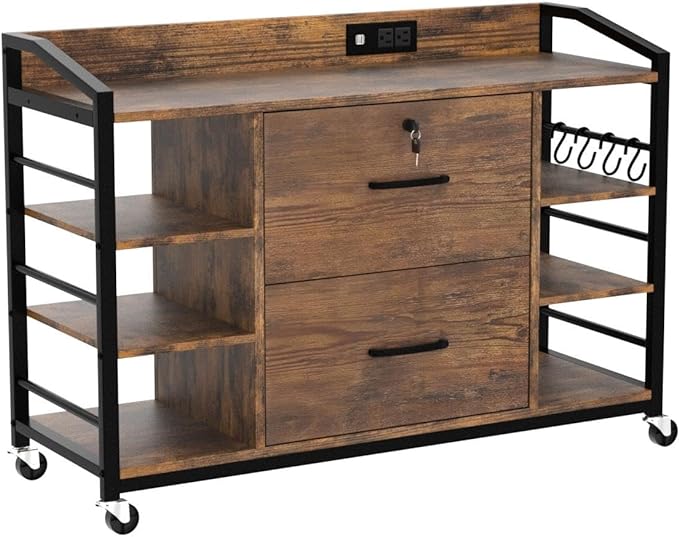 SEDETA 44" File Cabinet with Lock, Filing Cabinet fits Legal/Letter Size | Rustic Brown Lateral 2 Drawer Filing Cabinets for Home Office with Lock, Power Strip, 6 Storage Shelves, Wheels and 4 Hooks