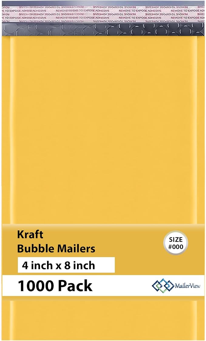 Small Kraft Bubble Mailers 4x8, Self Seal Padded Envelopes #000, 1000 Pack | Fits Trading & Sports Cards, No Tape Needed, Cushioned Protection, Tear-Resistant Yellow Kraft, Small Business Pack