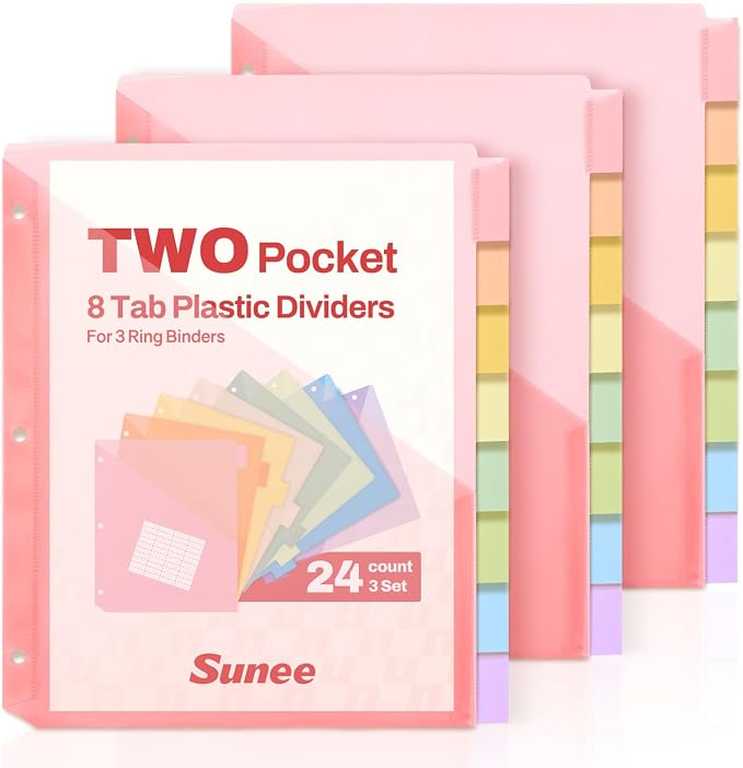 SUNEE 8 Tab Dividers with Pockets, Plastic Dividers for 3 Ring Binder, Subject Dividers with 2 Pockets, Binder Dividers for School Office Home Supplies, Soft Color, 3 Set