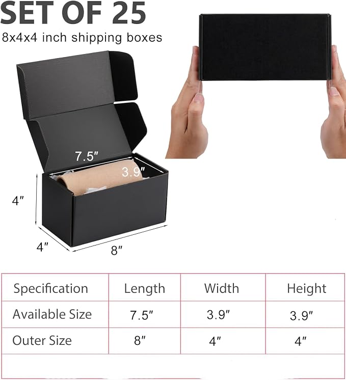 8x4x4 inch Black Shipping Boxes for Small Business- Set of 25 | Sturdy ECT 32 Corrugated Cardboard Mailer Boxes, Easy Assemble for Packaging, Mailing, Gift