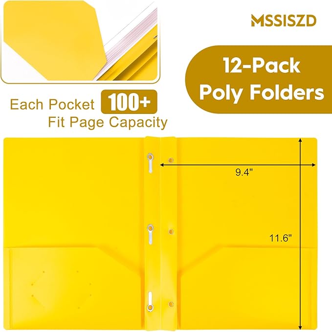 72-Pack Plastic Folders with Pockets and Prongs,2-Pocket Folders with 3 Fasteners, Holds 8-1/2" x 11" Paper for School/Office/Home, Yellow