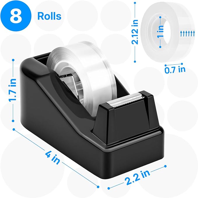 OWLKELA Lightweight Desktop Tape Dispenser, Black, 1 Pack | Non-Skid Base, with 8Pcs Transparent Tape, Ideal for Office, Home and School