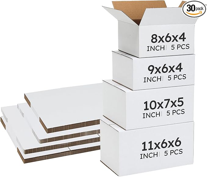 CRUGLA Assorted Sizes Shipping Boxes 20 Pack (11x6x6, 10x7x5, 9x6x4, 8x6x4), White Corrugated Cardboard Mailers, Each 5 PCS Small Boxes for Small Business Packaging, Shipping & Storage