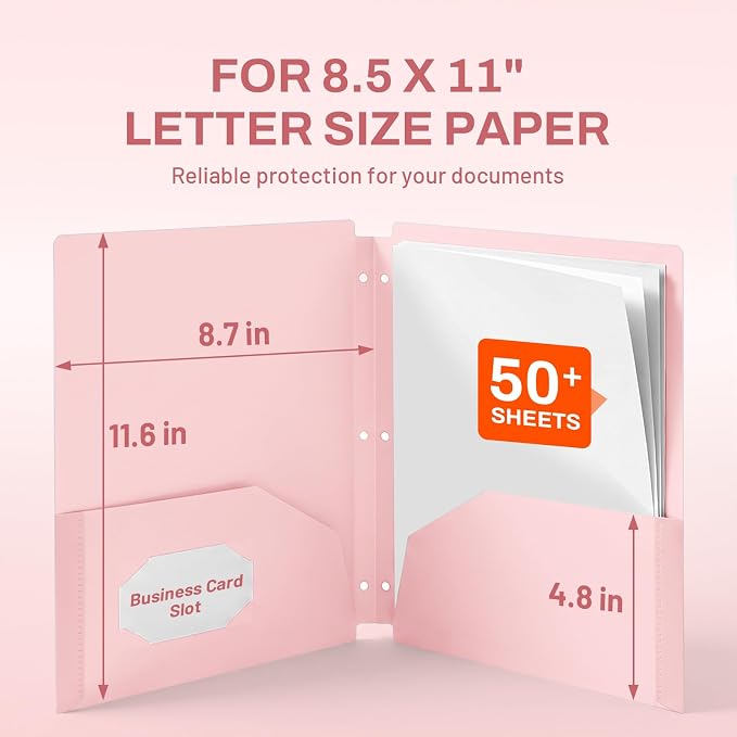 SUNEE 3 Hole Pocket Folders (12 Pack, Pastel Color) Plastic Pocket Folders for 3 Ring Binder, 3-Hole Punched Folders with Pockets, for Kids, Students, Teachers, Office Staff