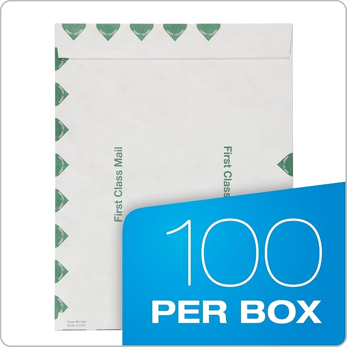 Quality Park Tyvek Envelopes, 100 Pack, Large 10 x 13 Envelopes, First Class Border, Easy-to-Open Tamper Evident Pull Strip, Rip, Puncture & Water Resistant Self Sealing Mailing Envelopes, White
