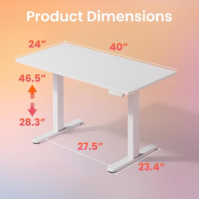 HUANUO 40x24 Inch Electric Standing Desk, Height Adjustable, White | 176 Lbs Capacity, Smooth Home Office Desk, 4 Memory Presets & Headphone Hooks, 28.3–46.5 Inch Height Range, Easy to assemble