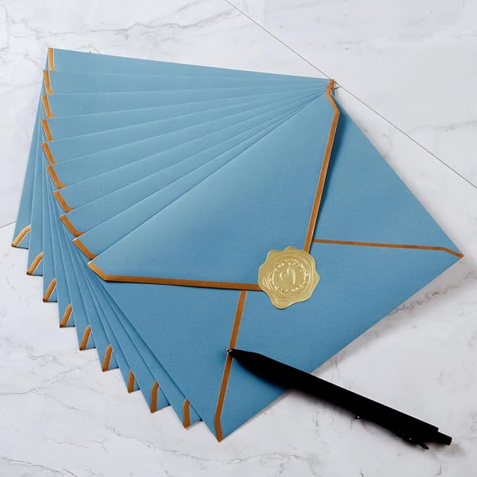 50 Pieces A7 Envelopes with Gold Border, 5.24 x 7.21 Inches Envelopes with Gold Stickers for Greeting Cards and Invitation (Dusty-Blue, A7-5x7)