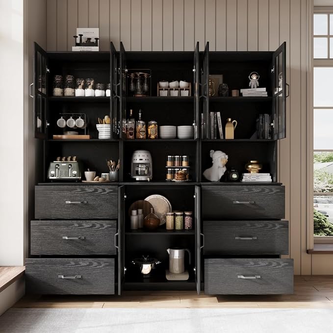 VOWNER Bookcase with Glass Door, 5-Tier Modern Bookshelf with Large Drawer, Glass Display Cabinet with Large Storage Shelf, Combination Storage Cabinet for Home Office (Black, AABB)