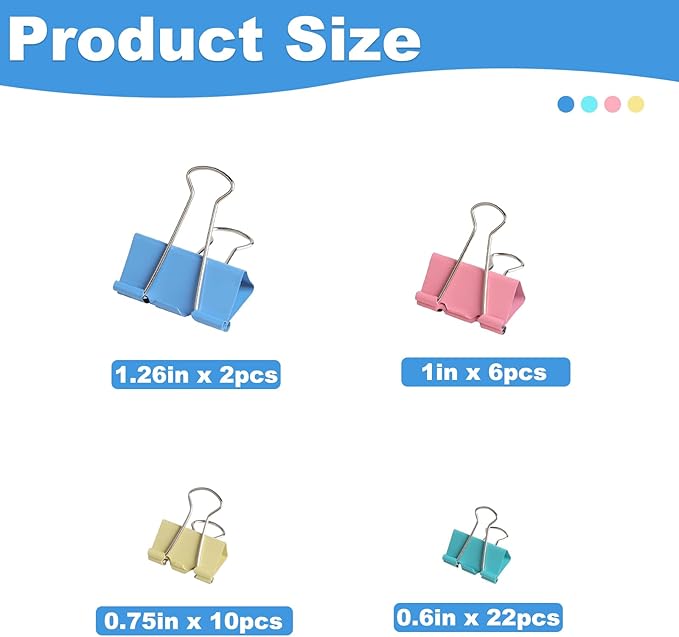 40-Pack Colorful Binder Clips, Assorted Sizes (4 Sizes) Metal Paper Clips, Strong-Binder Clamps for Home Office School, Organizing Documents, Crafts, Cable Management and Chip-Bag Sealer