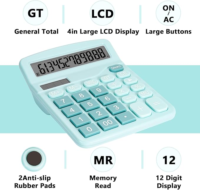 Cute Light Blue Desktop Calculator with Big Buttons, Dual Power Source, Solar and Battery, Large Display Screen - Perfect for Office, Teachers, and Students (Light Blue)