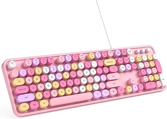 Computer Keyboard Wired, Plug and Play USB Retro Round Typewriter Keyboard, Full Size Wired Keyboard with Foldable Stands for Laptop and Office PC