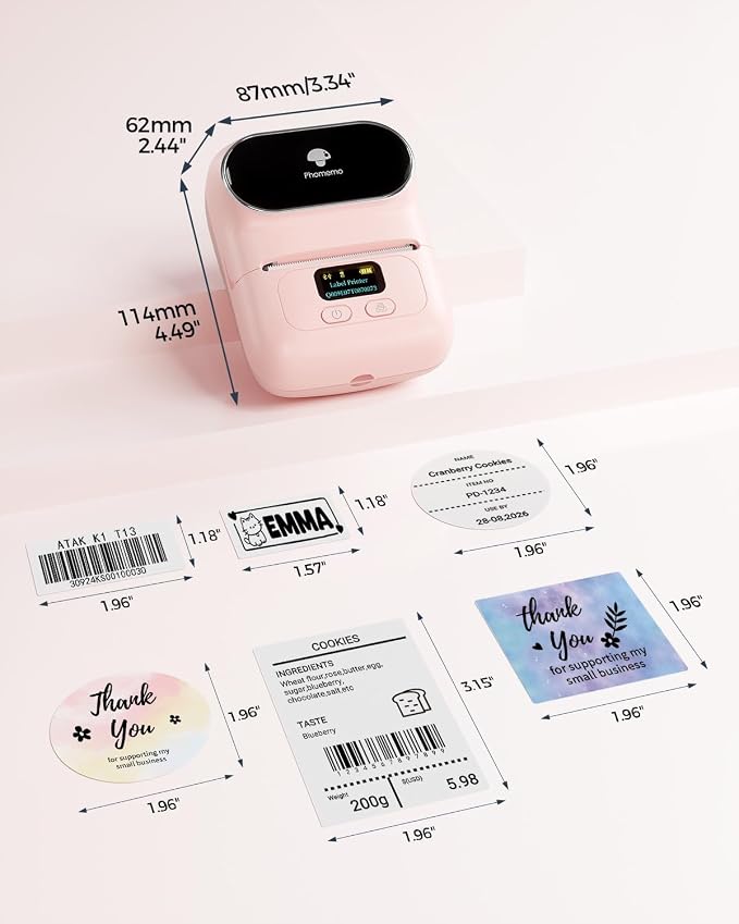 Phomemo M110 Label Maker with 3 Tapes, Bluetooth Portable Thermal Printer | 2 Inch Sticker Label Printer, Easy to Use for Small Business, Home, School, Organization, APP with 6000+ Templates, Pink