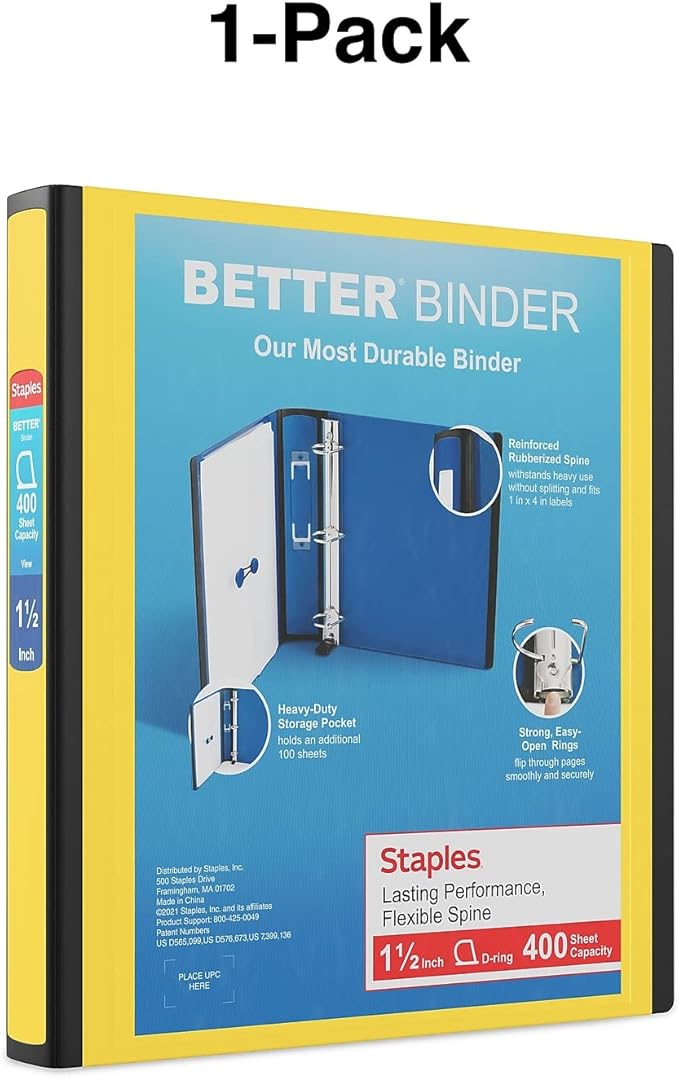 Staples Better Binder 1.5-Inch D-Ring View Binder, Reinforced Spine, Holds Up to 350 Sheets, Yellow, for Office & School