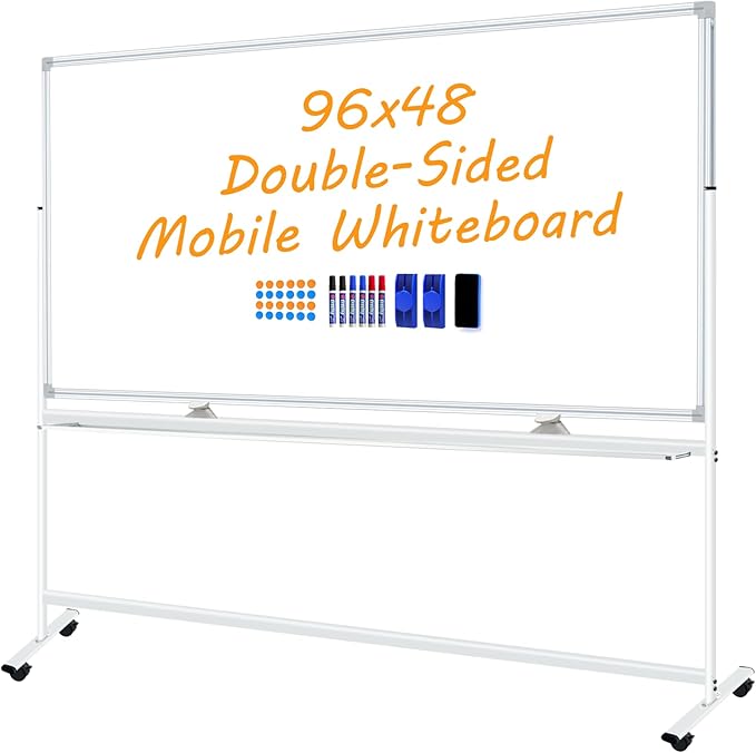 Large Double-Sided Magnetic Mobile Whiteboard 96" x 48", Rolling Whiteboard on Wheels, 8' x 4' Dry Erase Board with Stand for Office, Classroom & Home, 3 Eraser, 6 Markers, 24 Magnets