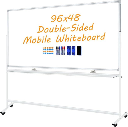 Large Double-Sided Magnetic Mobile Whiteboard 96" x 48", Rolling Whiteboard on Wheels, 8' x 4' Dry Erase Board with Stand for Office, Classroom & Home, 3 Eraser, 6 Markers, 24 Magnets