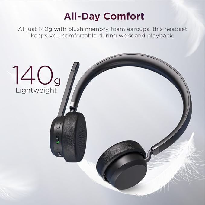 Lenovo Wireless VoIP Headset Teams Certified, Noise-Canceling Mic, Bluetooth 5.3 Multipoint, USB-A Receiver, 31-Hour Talk & 60-Hour Playback, Lightweight Over-Ear Design, Replaceable Earcups
