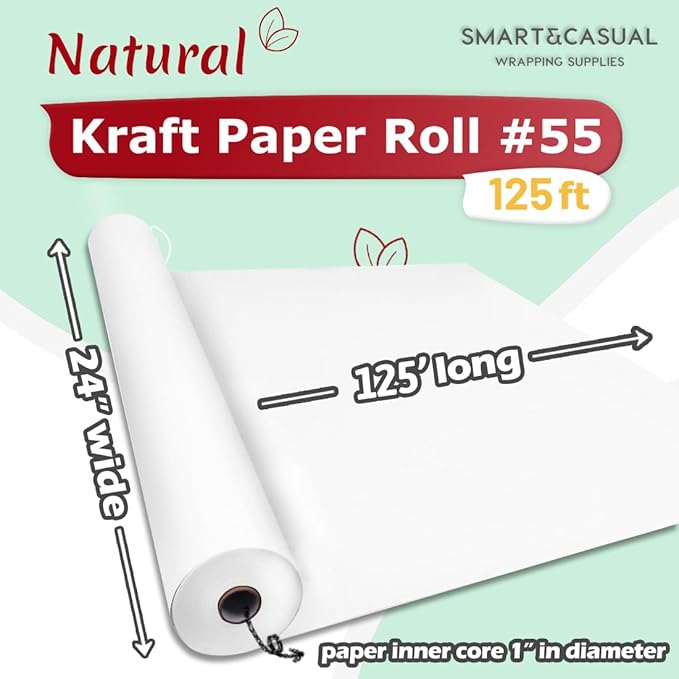 SMART&CASUAL 24" x 1,500" (125') White Kraft Craft Paper Roll for Gift Wrapping Bulletin Board Bouquet Flower Kids Art Packing Parcel Table Covering 80GSM 55LB (White, 24" x 125')